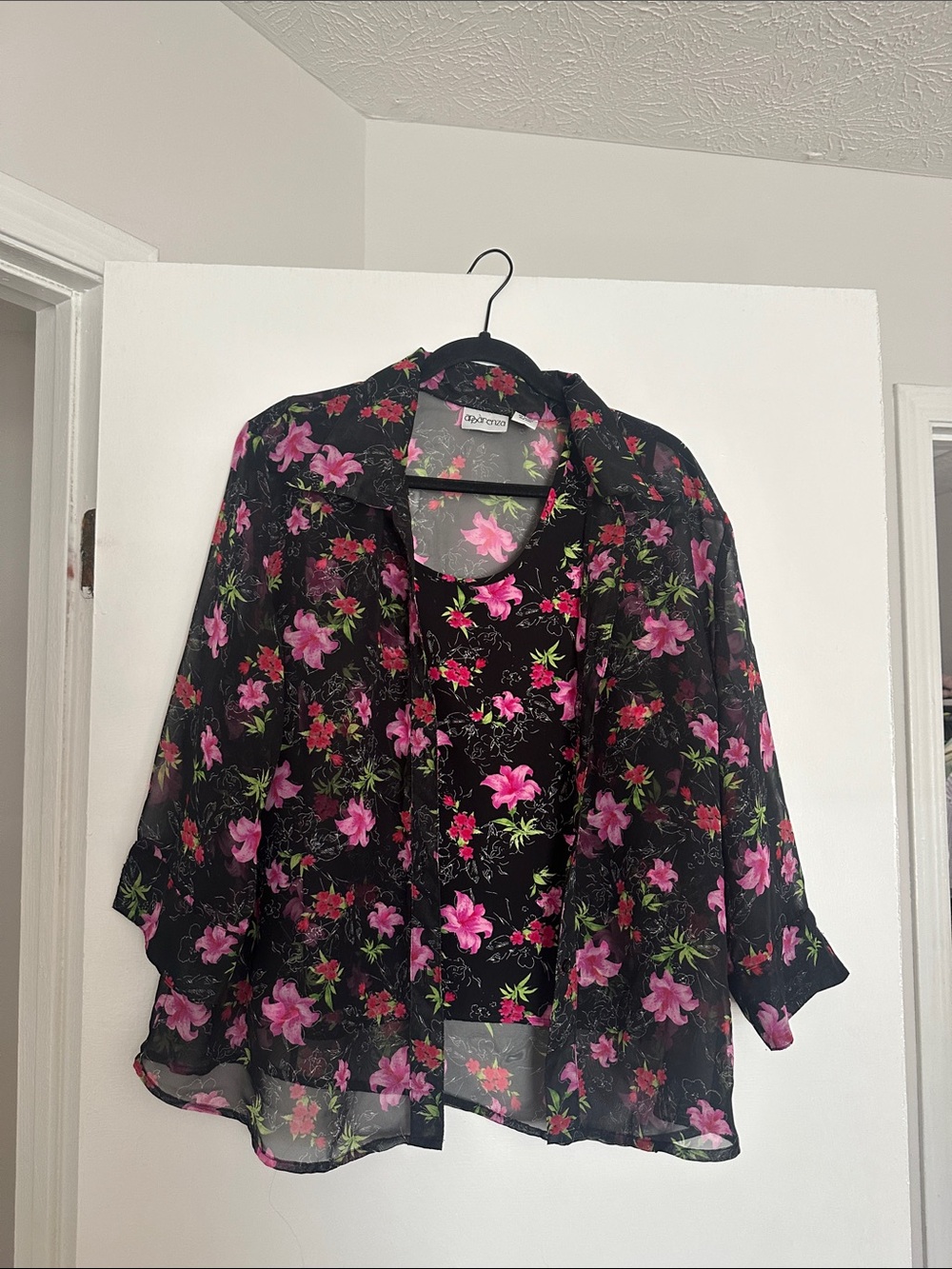 Sheer Black Blouse with Pink Floral Print